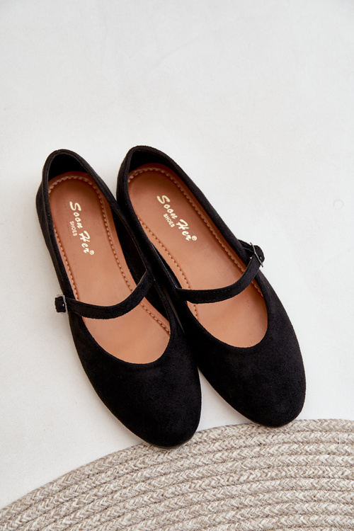 Flat Ballet Shoes With Strap Eco Suede Black Tirilina