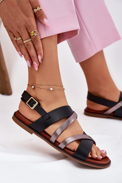 Damskie Sandały Płaskie Z Paskami Czarne Sergio Leone SK086H