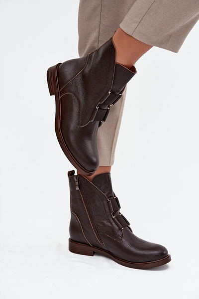 Women's Leather Ankle Boots Flat Heel Zazoo 3842 Chocolate