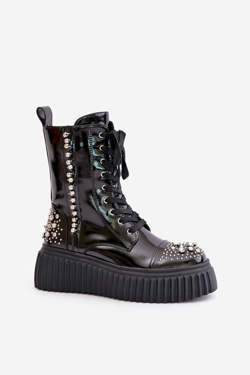 Lacquered Ankle Boots With Decoration On Platform D&A MR880-079 Black