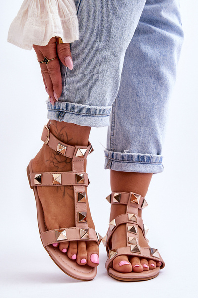 Women's Leather Sandals With Large Studs nude Mishigan