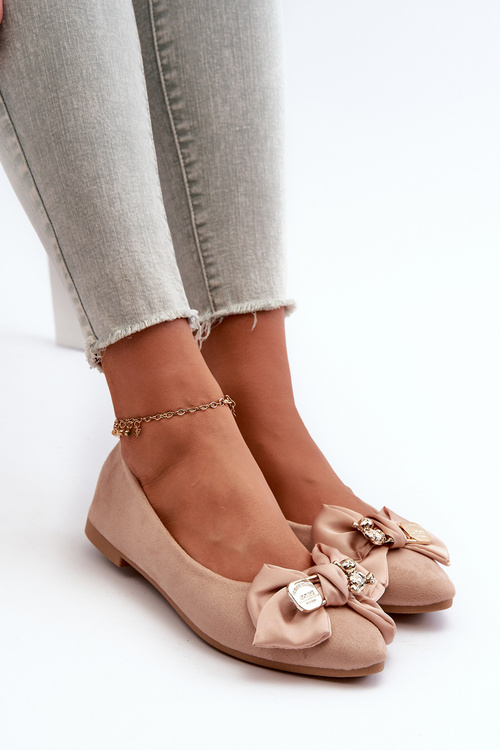 Women's Eco Suede Ballerina Flats with Bow and Brooch Beige Satris