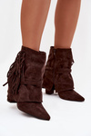Women's heeled ankle boots with fringes and golden buckles chocolate Evelisse