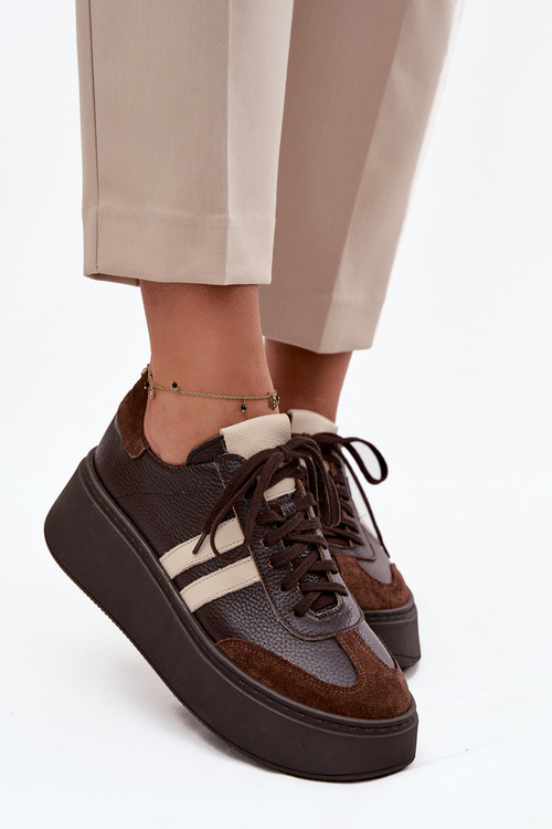 Damskie Sneakersy Skóra Naturalna Platforma Czekoladowe Zazoo 3775