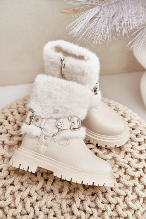 Eco Leather Girls Ankle Boots With Fur And Buckles Beige Cartemes