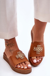 Women's Leather Platform Slippers with Ornament Brown Azera