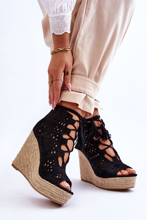 Suede Openwork Wedge Boots Black Berthe