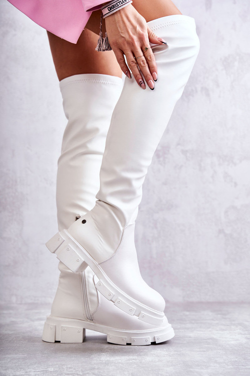 Leather Boots Over the knee On Flat Heel GOE KK2N4022 White