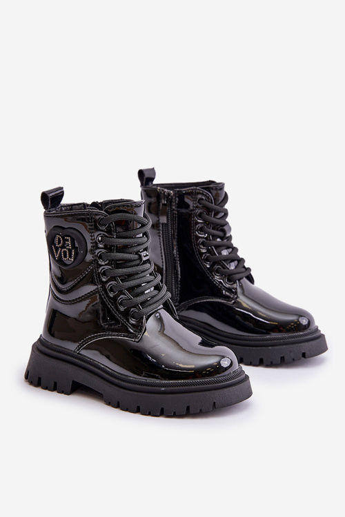 Botki Dziewczęce Lakierowane Ocieplane Futerkiem Zamek Czarne Evaliraea