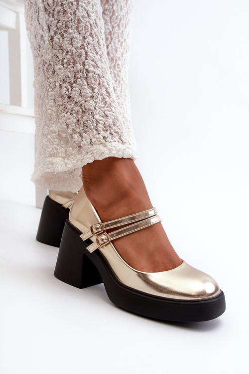 Faux Leather Pumps on Chunky Heel Gold Halmina