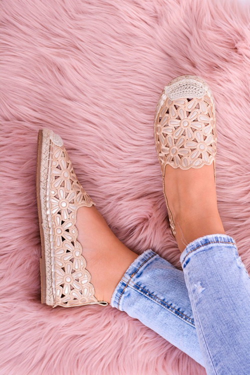 Lu Boo Damskie Baleriny Złote Espadryle w Kwiaty Macarena