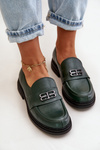 Zazoo 20174 Leather Elegant Women Loafers Flat Heel Dark Green