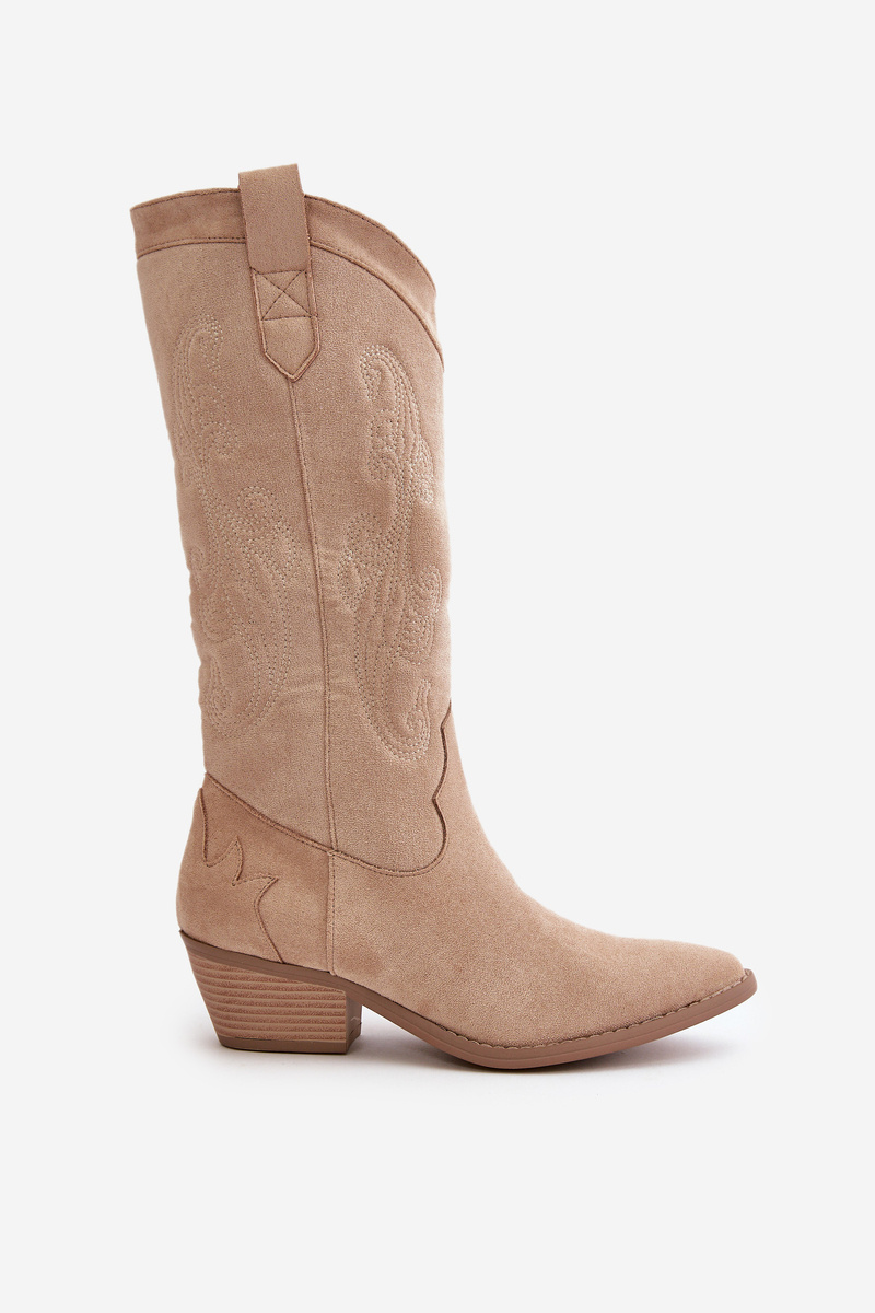 ぽぽ Zamszowe ciemnobrązowe kowbojki z wysoką cholewką ALFA