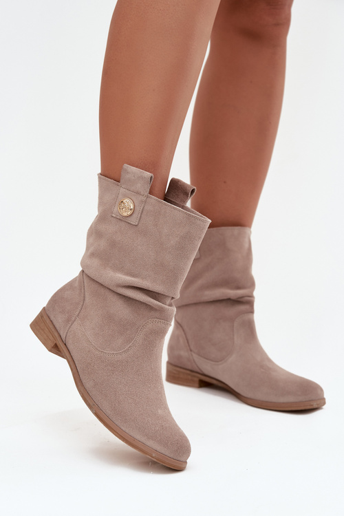 Leather Suede Women's Boots with Gathering Insulated Zazoo 4210 Beige