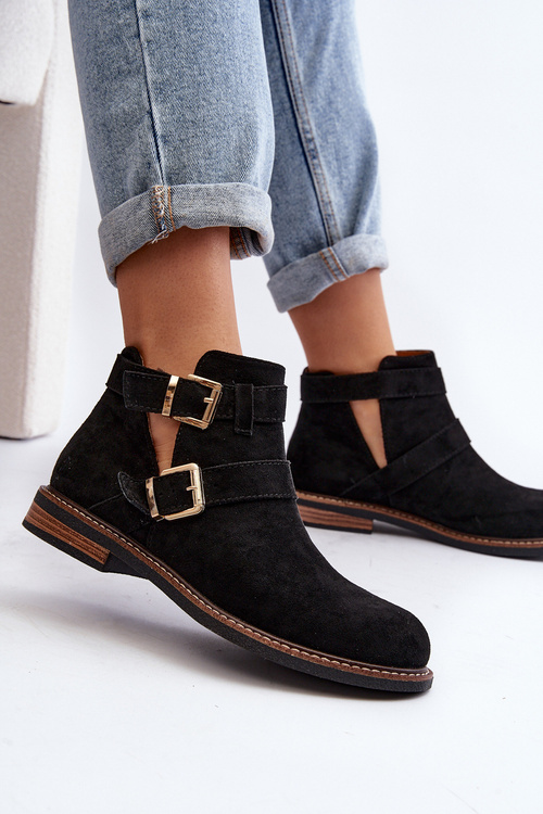 Botki Damskie Płaski Obcas Paski Czarne Melviana A2901