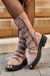 Leather High Boots with Straps  Dark Beige Elnatea