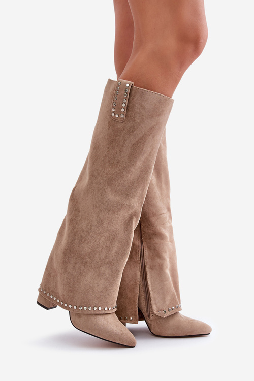 Damskie Kozaki Wywinięta Cholewka Obcas Słupek Beżowe Kaithena