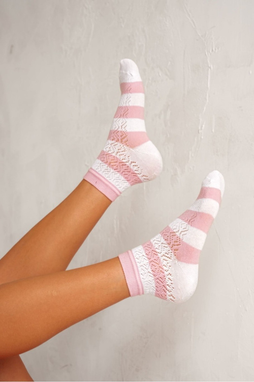 Ladies Lace Socks Striped White-Pink