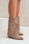 Decorated Shiny Ankle Boots With Turned Shaft On Heel Insulated Beige Xistaria