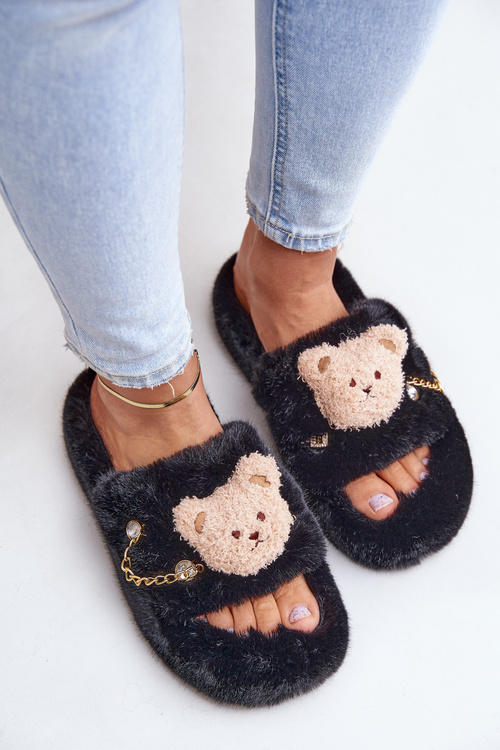 Ladies Fur Slippers With Bear And Decorative Elements Black Innalise