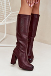 Women Knee High Boots On Heels Eco Leather Burgundy Thalina