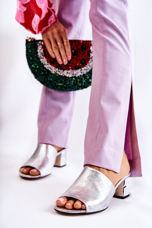 Leather Women's Slippers On Heel Silver Perry