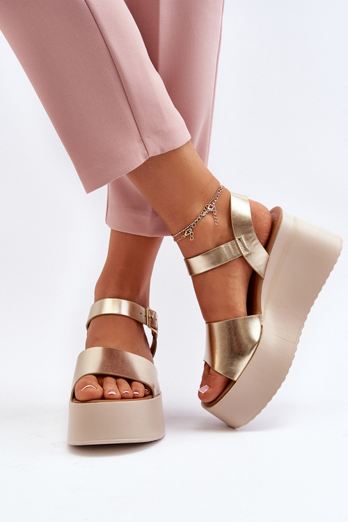 Sandały Damskie Na Koturnie Złote PS18