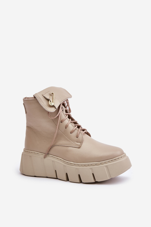 Botki Na Platformie Skóra Naturalna Ocieplane Beżowe Zazoo 60511