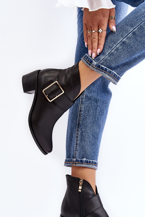 Women's leather ankle boots with low heel and buckle black Liliane