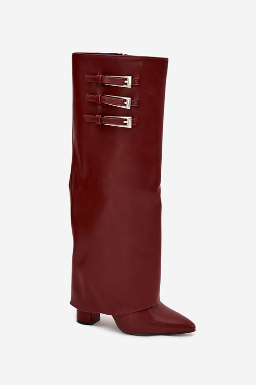 Women's Heeled Boots Turned Shaft Straps With Buckles Burgundy Nirisa