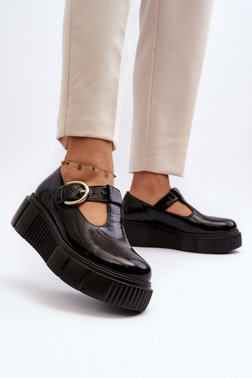 Półbuty Modne Skóra Lakier Masywna Platforma Czarne Zazoo 20102