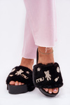 Ladies Platform Slippers With Fur And Gold Clips Black Livira