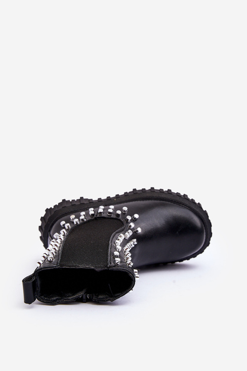 Girls' Heeled Ankle Boots Decorated with Rhinestones Black Adelie