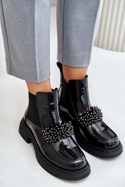 Leather Patent Ankle Boots With Decoration Slip On Warm Black Solimav