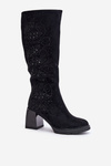 Decorated Ladies Knee High Boots Insulated On Heel Black MR880-158