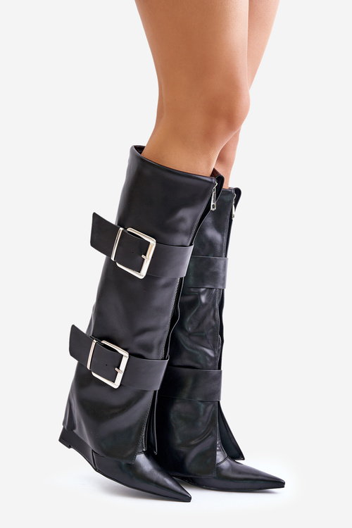 Knee High Wedge Boots with Folded Shaft and Buckles Tamirla