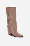 Knee High Heeled Boots With Folded Shaft And Buckles Beige Vamissa