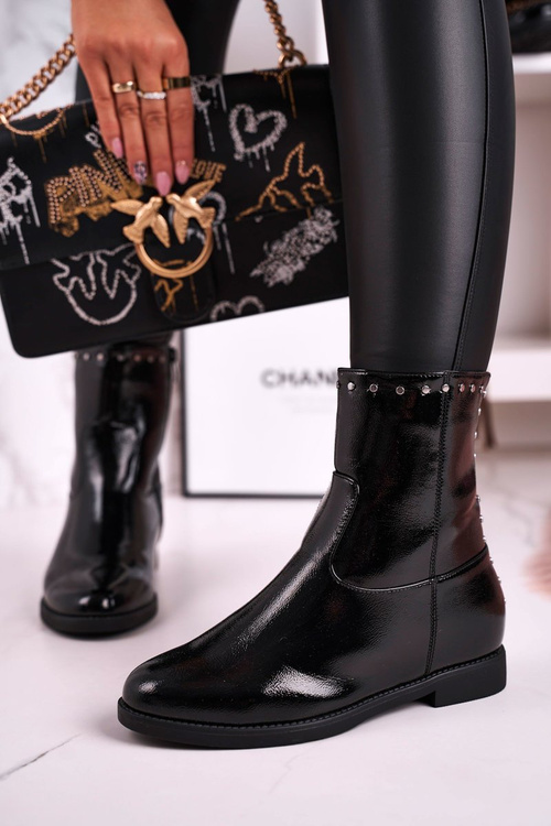 Damskie Ocieplane Botki Na Koturnie Lakierowane Czarne Performance