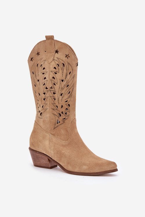 Kozaki Ażurowa Cholewka Zamsz Obcas Beżowe Zazoo 3714