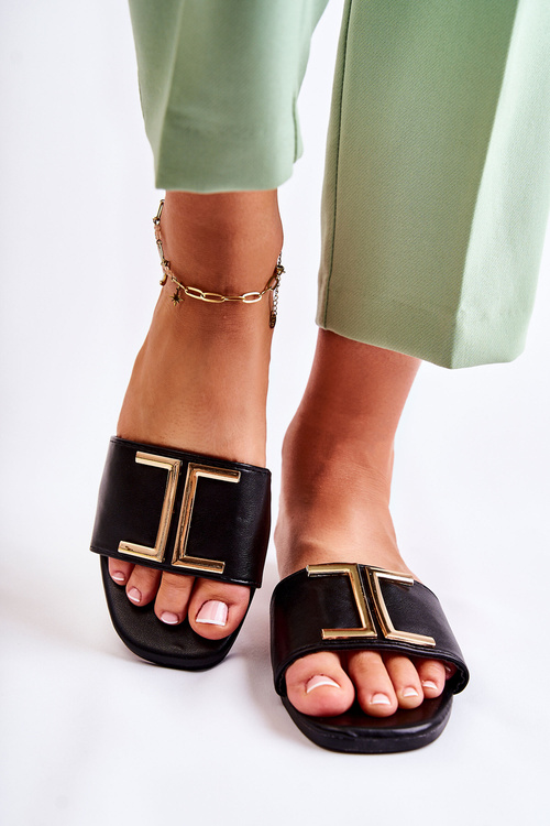 Women's Classic Leather Slippers With Ornament Black Maren