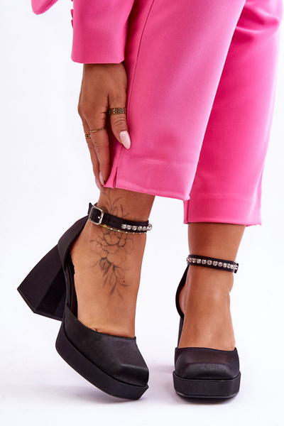 Czółenka Modne Masywny Obcas Cyrkonie Czarne Adel J010