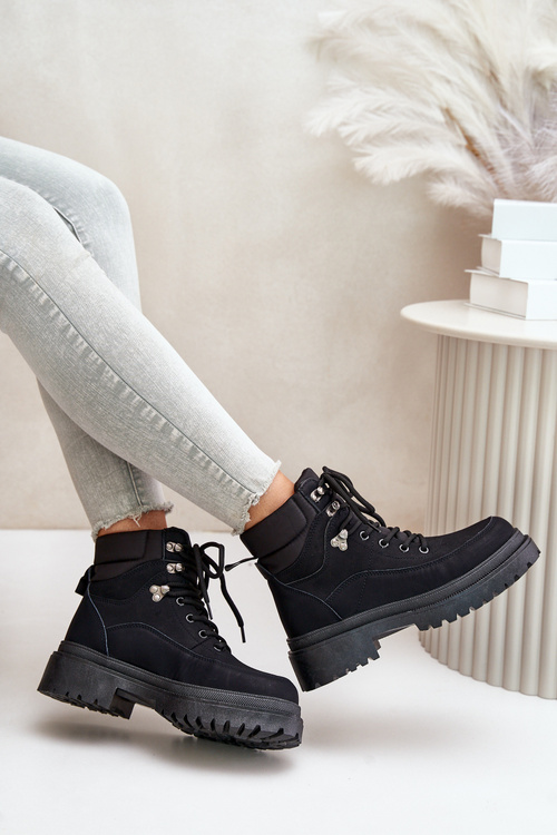 Damskie Sznurowane Trapery Botki Czarne Rabaria