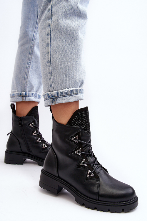 Leather Insulated Boots with Rhinestones Black Gwen SBarski HY93-52A