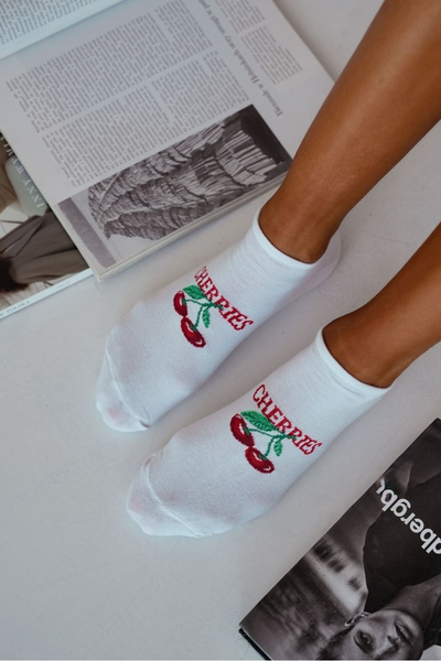 Womens Ankle Socks CHERRIES White