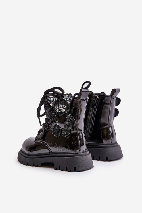 Insulated Girls' Boots With Teddy Bear Zippered Black Lacquered Relobia