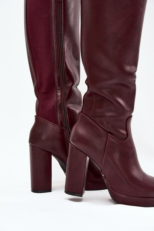 Women Knee High Boots On Heels Eco Leather Burgundy Thalina