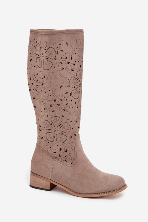 Ladies Cut-Out Ankle Boots With Low Heel Eco Suede Zipped Beige Orchides
