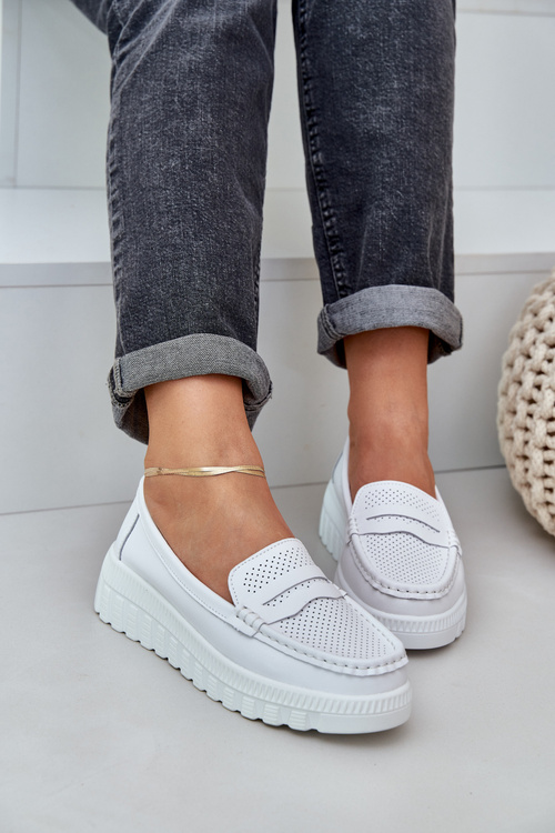 Women's Leather Moccasins On Platform And Wedge White Elanindel