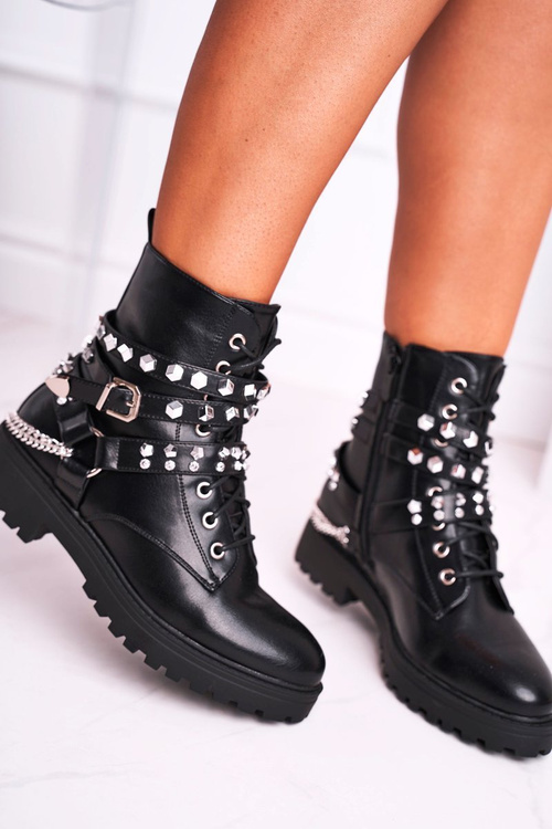 Women's Boots Silver Rivets Chains Black Desire