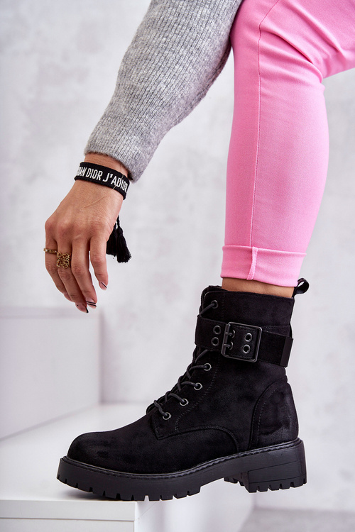 Botki Damskie Sznurowane Zamsz Płaski Obcasi Czarne Firmina